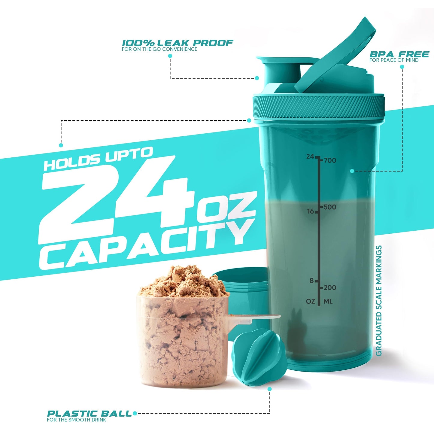 Shaker Bottle - 24 Ounce Protein Shaker Plastic Bottle