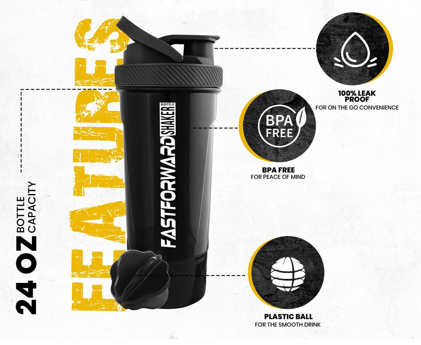 Shaker Bottle - 24 Ounce Protein Shaker Plastic Bottle