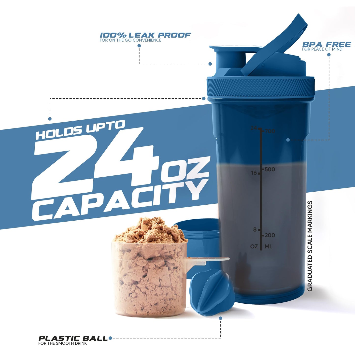 Shaker Bottle - 24 Ounce Protein Shaker Plastic Bottle