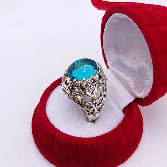 Aqua Blue Stone Ring For Men - Silver